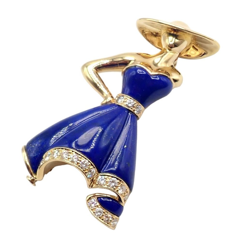 Authentic! Christian Dior 18k Yellow Gold Diamond Lapis Lady Dior Brooch Pendant - Picture 11 of 12